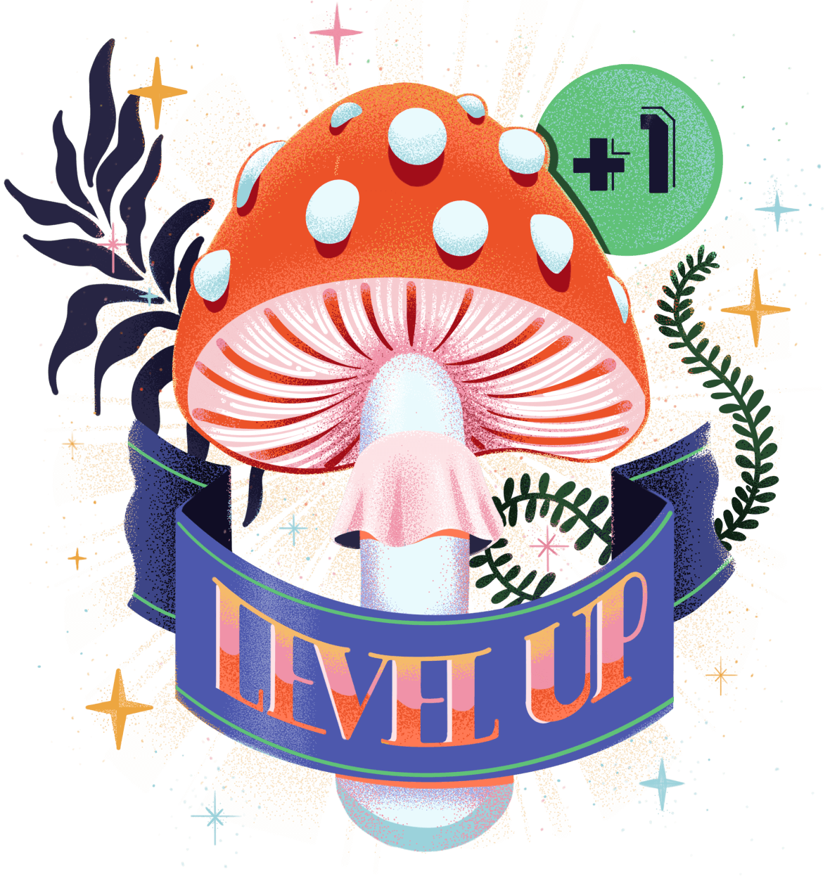 illustration of amanita muscoria mushroom with a level up label and little floating stars around it